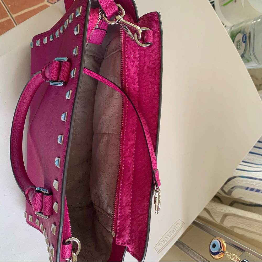 Michael Kors Fuchsia Pink Leather Medium Size Studded Satchel - Picture 8 of 12